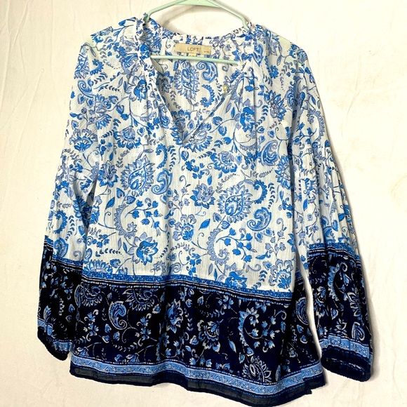 LOFT Peasant Top Women’s SP Flowing Soft & Cool EUC Blue & White Floral Bordered - Picture 4 of 9